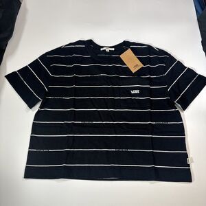 Vans Women's Large Striped Heritage Pocket Crop Top T-Shirt Black White NWT